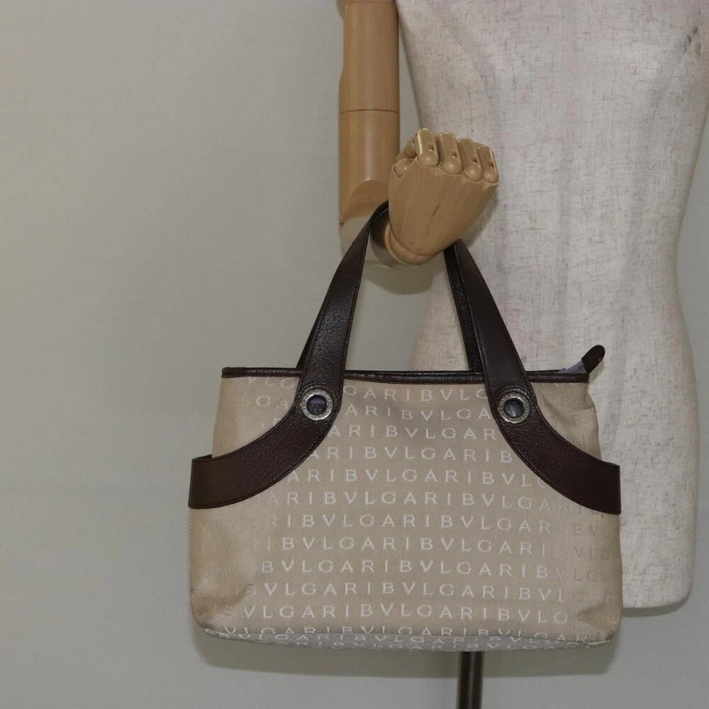 BVLGARI Logo Mania Hand Bag Canvas Beige Silver Auth